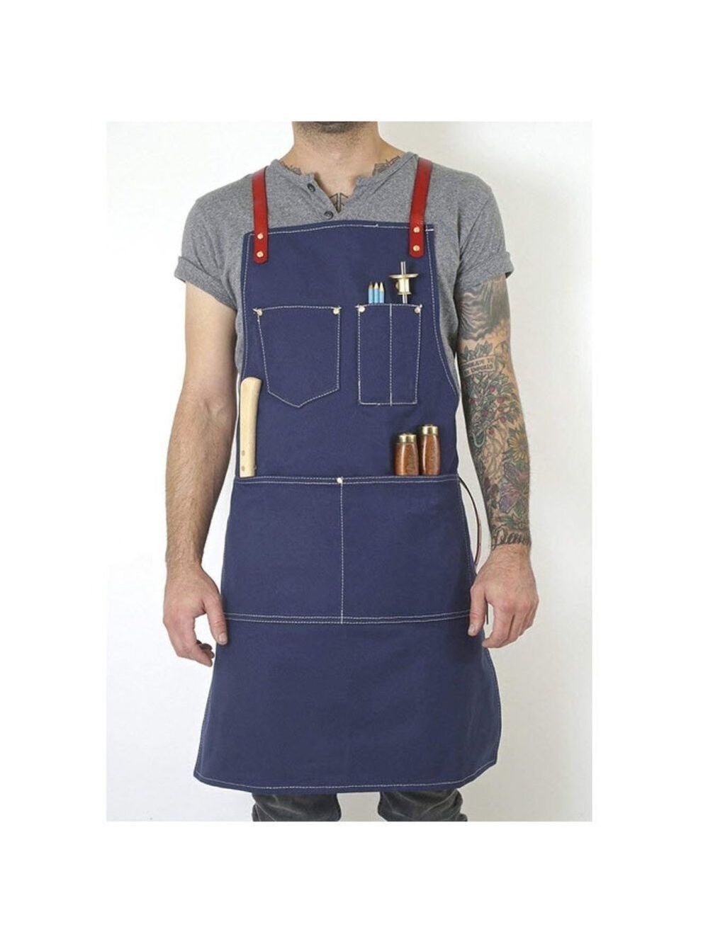 Blue Canvas and Leather Utility Apron with Pockets